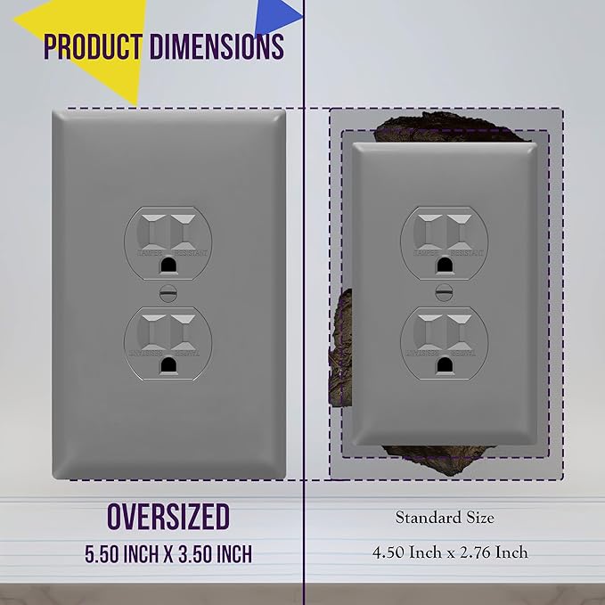 ENERLITES Duplex Receptacle Outlet Wall Plate, Jumbo Electrical Outlet Cover, Gloss Finish, Oversized 1-Gang 5.51" x 3.50", Polycarbonate Thermoplastic, 8821O-GY, Gray