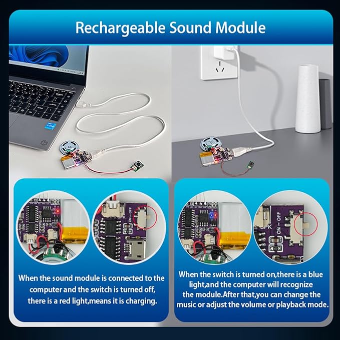 Voice Module,MP3 Music Sound Chips, 16MB Sound Module for Crafts, Christmas, New Year Greeting Cards, Box with Speaker Lithium Battery Powered and USB Cable. (JR-JX7004-Push Button - 2P)