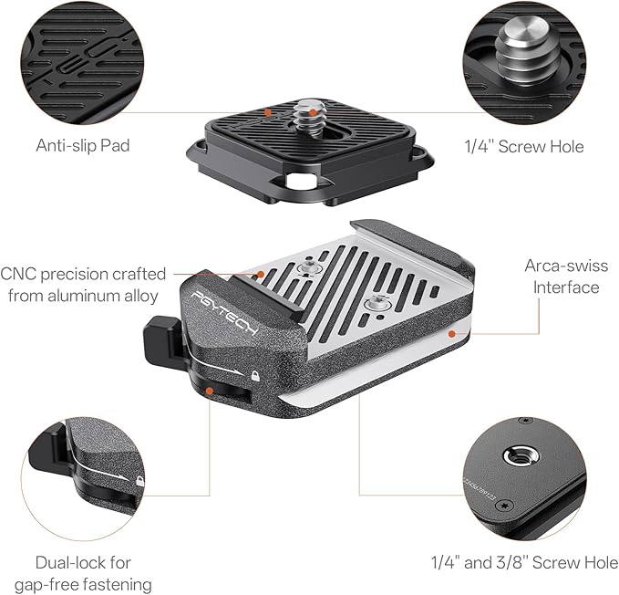 PGYTECH Quick Release Plate & Clamp V2, Arca Swiss Plate Camera Mount Adapter with 1/4" to 3/8" Screw Thread for Sony/Nikon/Fuji/Canon/DJI Switch Between Tripod/Monopod/Slider/Stabilizer