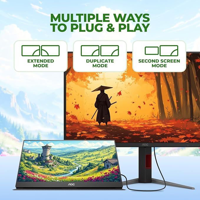 AOC 16T20 Portable Monitor 15.6" FHD 1080p IPS Display, USB-C Portable Laptop Screen, Mini HDMI, Built-in Speakers, Travel Monitor with Smart Cover, Compatible with Laptops, MacBook, PS5, Xbox