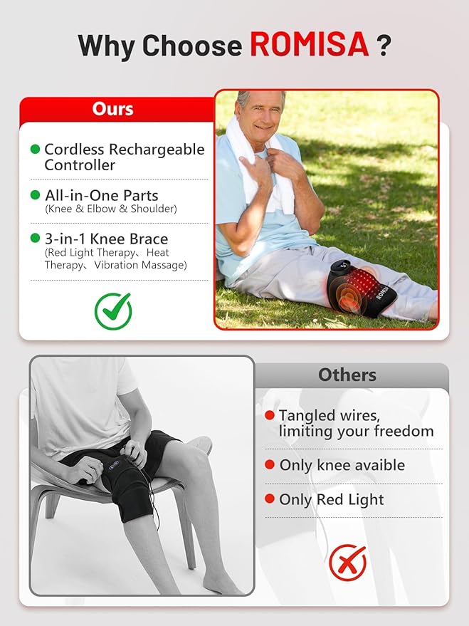 ROMISA Red Light Therapy Knee Brace with Heat & Massage, Cordless Rechargeable Controller, 20Min Auto Timer, 660nm & 850nm Near Infrared Light Therapy Device for Knee/Elbow/Shoulder, for Women Men.