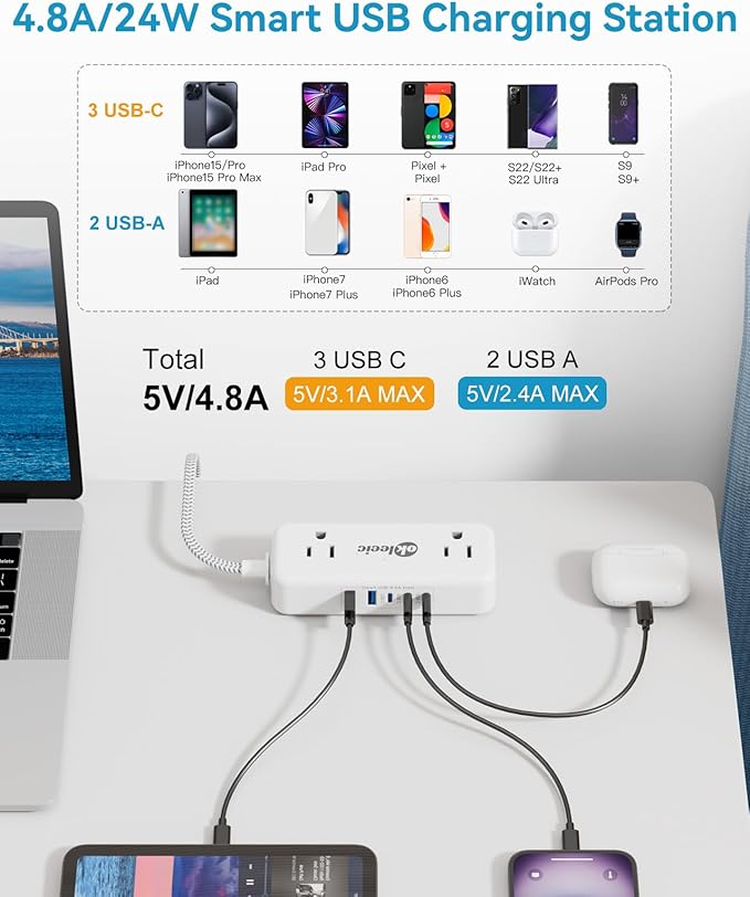 Power Strip with USB C, Small Extension Cord with 4 Outlets & 2 USB-A and 3 USB-C Ports 4.8A/24W Charging Station, 3 Ft 2 Sides Outlet Extender Non Surge Protector for Cruise Ship Travel Office Dorm