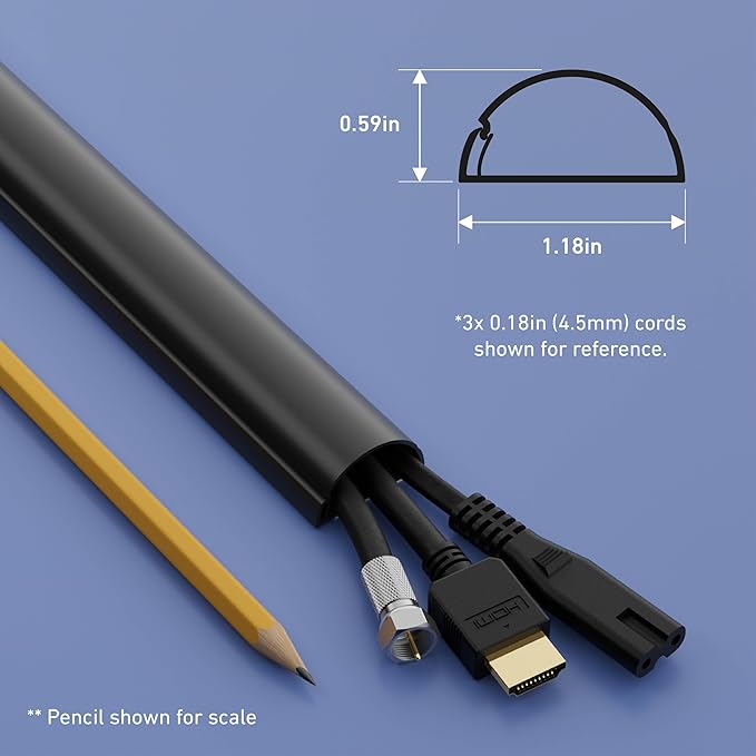 D-Line 31.4in TV Cord Hider, Patented Half Round Cable Cover, Hide Wall Mount TV Wires, Hinged One-Piece Cable Concealer, Adhesive, Decorative Raceway - 2X 1.18in W x 0.59in H x 15.7in L - Black