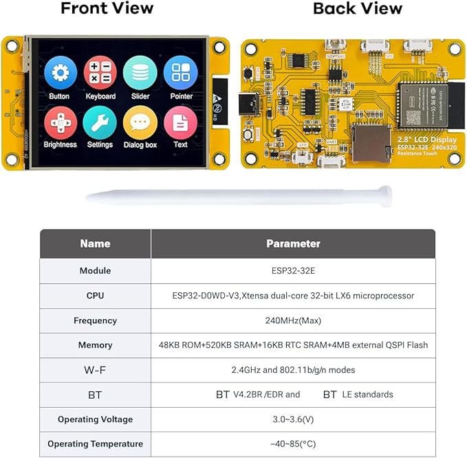 Hosyond 2.8'' ESP32 Display Resistive Touch Screen with WiFi+BT, ILI9341 Driver 240x320 TFT LCD Screen Module for Arduino