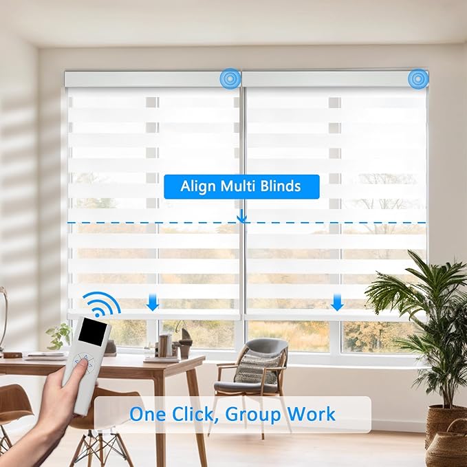 COOLWINDS Motorized Zebra Blinds for Windows Cordless Electric Curtains with Remote Control Blackout Shades Custom Smart Blinds Compatible with Alexa Google Home(Light Filtering White,W34 x H72in)