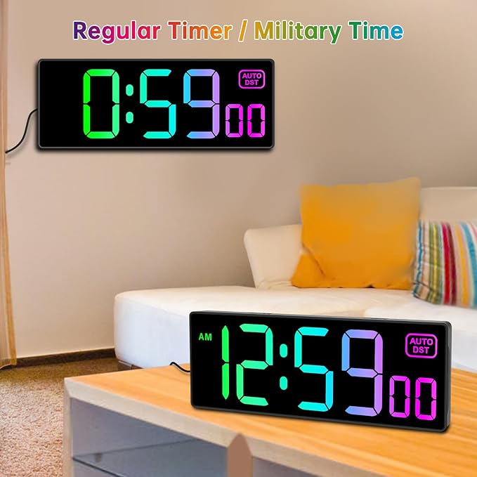 Soobest Digital Wall Clock with Remote Countdown Electrical Timer Seconds for Gym Living Room Office Classroom, 8 RGB Colors, Auto DST, Corded Plug in Large Display 5 Dimmer (10.2" Multicolor)