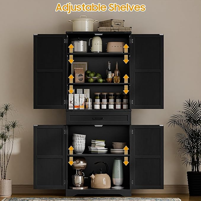 72" Kitchen Pantry Storage Cabinet, Farmhouse Style With Adjustable Shelves, Large Capacity Drawer, Freestanding Cupboard for Kitchen, Dining Room, Living Room, Black