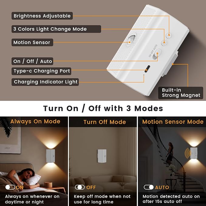 easuntec Rechargeable Motion Sensor Night Light Warm White, Wireless Dimmable - Image 3