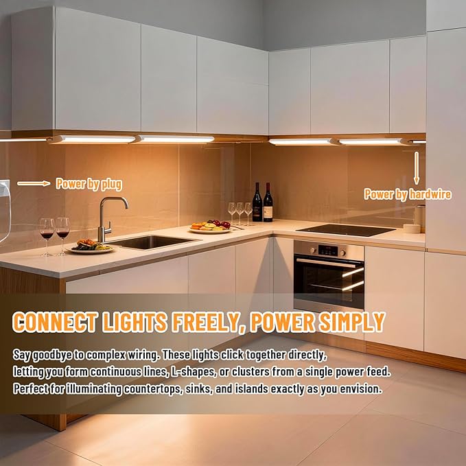 Snyloe 4 Pack 12" Under Cabinet Lighting for Kitchen, 8W 600LM, 3 Color Temperatures (3000K/4000K/5000K), Hardwired or Plug-in, 45° Rotatable Design, Linkable Up to 15 Units, YT-4208-10-4