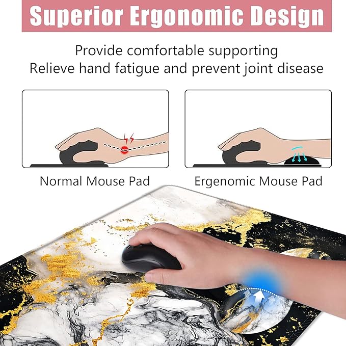 BFUKVOU Large Keyboard Mouse Pad Set, Extended Mouse Pad+Keyboard Wrist Rest Support, Memory Foam Ergonomic Easy Typing, 4Pcs (31.5×11.8 in) Desk Pad Set for Office Home,Black and White Gold Marble