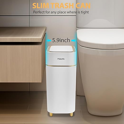 Pukomc Automatic Small Sensor Trash Can with Touchless Lid, 2.3 Gallon / 9L Smart Garbage Can, Quiet Close White Gold Waste Bin - Perfect for Kitchen, Living Room & Small Spaces