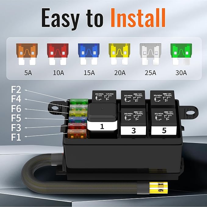 Fuse Box 12V Relay Box 6 Way Automotive Waterproof Relay Fuse Box Pre-Wired Relay Panel with 6 Relays and 6 ATC/ATO Blade Fuses for Car Truck Jeep Boat