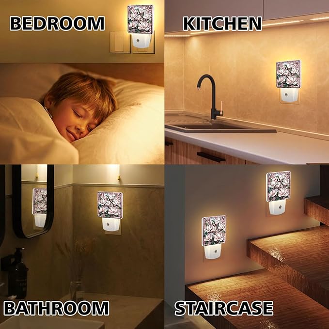 PODMemory Magnolia Stained Glass Night Lights Plug into Wall for Room, Magnolia Night Light LED for Bedroom