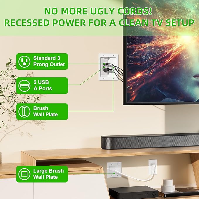 in Wall Cable Management Kit with Brush Wall Plate,AC Outlets & USB Ports,9ft Cord,Hide Cords Recessed Wall Outlet for TV Cable Management,HDMI Cables and Home Theater Systems