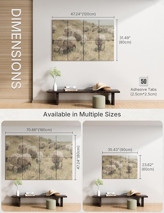 Wall Art Acoustic Panels,47''X31''Sound Absorbing Panels-8-Pack with 50 Adhesive Tabs, Decorative Sound Absorbing Panels for Living Room and Recording Studio, Offices-Hillside sheep