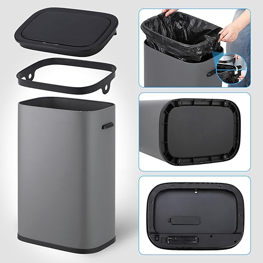 14.5 Gal/55L Trash Can with Lid, Automatic Touchless Garbage Can with Soft-Close Lid & Handle, Stainless Steel Waste Basket Motion Sensor Trash Can for Kitchen, Bathroom,Grey(No Inner Bucket)