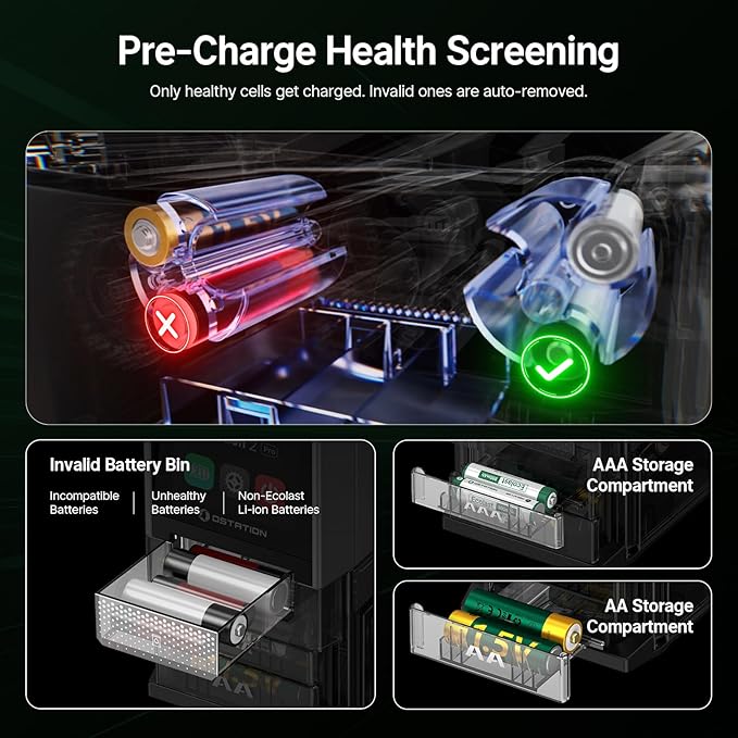 Ostation 2 Smart 3-in-1 Battery Charger with 12 pcs AA Li-ion & 12 pcs AAA NiMH Rechargeable Batteries, Polarity-Free, Auto Detection & Storage, App Control, Indicator Lights, Smart Battery Management