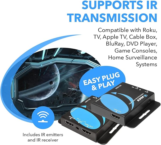 OREI 4K HDMI Over Ethernet CAT6/CAT7 Extender, Extender RJ45 4K@30Hz Upto 130 Ft 1080P Upto 230 FT Full HD POC Transmitter & Receiver IR Loop Out (EX-230C)