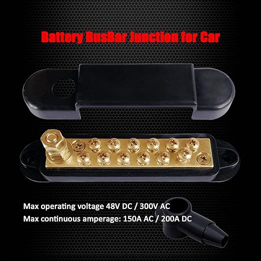 1/4" Stud Power Distribution Block Bus Bar with 12 x #8 Screws, Ampper 5.3" 12V 150A Marine BusBar Brass Battery Distribution Block W/Cover for Car Boat Solar (Black)
