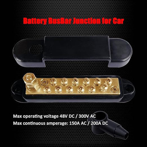 1/4" Stud Power Distribution Block Bus Bar with 12 x #8 Screws, Ampper 5.3" 12V 150A Marine BusBar Brass Battery Distribution Block W/Cover for Car Boat Solar (Black)