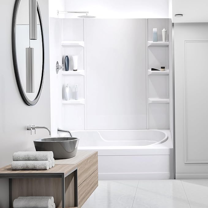 White Polystyrene Tub Wall Surround 32"x 60"x 58" - Waterproof, Easy-to-Install, Two Shelf Units Kit Included - Bathtub Wall Surround Panels - Plain Pattern, Basic Shelves - Noah William Home