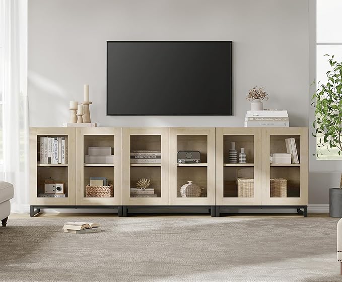 WAMPAT Modern TV Stand with Glass Doors for 110 inch TVs, 3 in 1 Entertainment Center Console with Adjustable Shelves and Metal Base for Living Room, Bedroom, Light Oak
