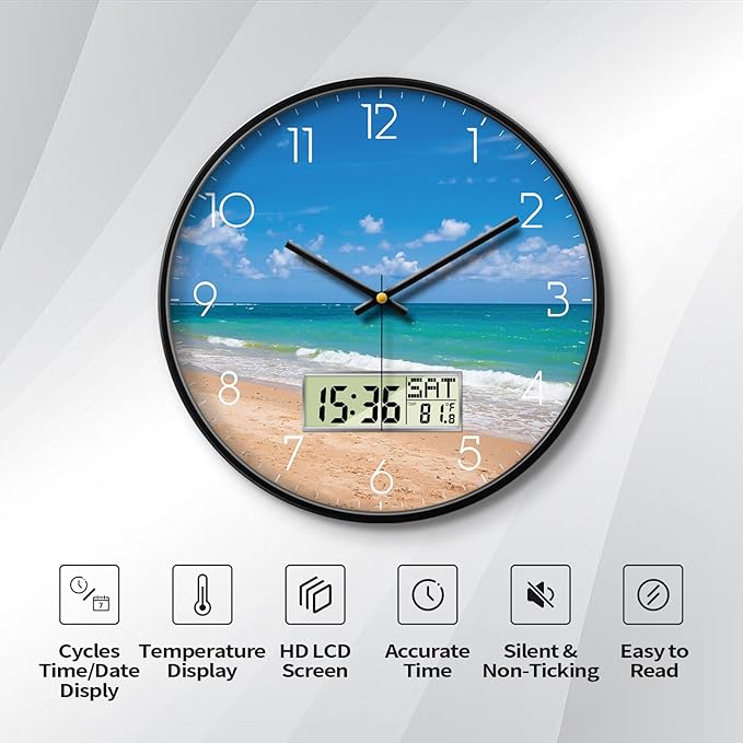 Modern Wall Clocks with Calendar and Date Ocean Wave Sea Beach Digital Clock Large Display Non-ticking Kitchen Silent Clock With Day and Temperature for Elderly Farmhouse Living Room Bathroom 14 Inch