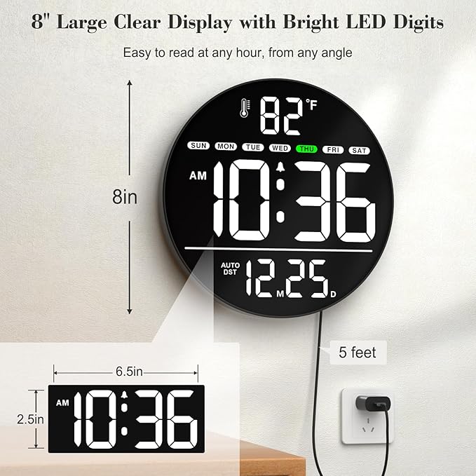 WallarGe Large Digital Wall Clock with LED Display, Electric Wall Clock with Temperature, Auto DST, Date, and Day, 5-Level Brightness for Office, Bedroom, Living Room, Classroom Décor