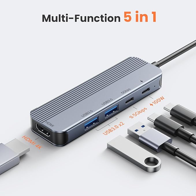 GUSGU USB C Hub with 4K HDMI (5-in-1 Gray), 2*USB 3.0, 5Gbps Type C Port, PD Charging 100W, Multiport Adapter for HP Laptop, MacBook Pro/Air, Dell Inspiron/XPS, Acer, Lenovo