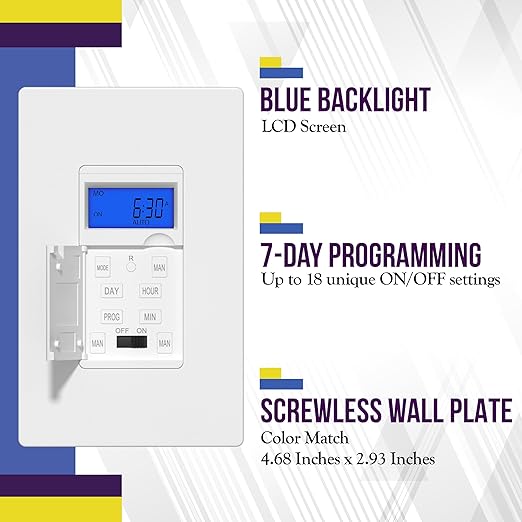Enerlites 7 Days Digital in-Wall Programmable Timer Switch for Lights, Fans, and Motors, Single Pole, Neutral Wire Required, 7-Day 18 ON/Off Timer Settings, with Blue Backlight, HET01, White, 4 Pack