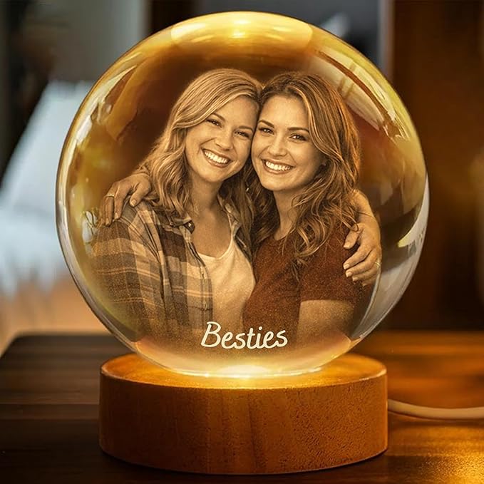 Herihues Personalized 3D Photo Crystal Ball, Custom Engraved Picture Lamp with Wood Base, Besties Night Light, Gifts for Besties Valentines Day, Christmas, Best Friend Personalized Gifts