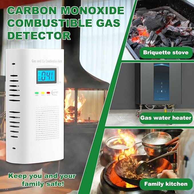 Combination Gas and Carbon Monoxide Detector Plug-in | CO Alarm & Natural Gas Combustible Detector | Digital Display, Battery Backup, Easy Install | for Home Kitchen Safety Monitoring 3-Pack