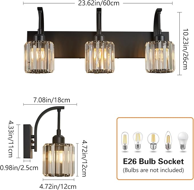FDPBY 3-Light Crystal Vanity Light, Modern Black Bathroom Wall Sconce with K9 Crystal Shades, 23.62" Long Over Mirror Lighting for Vanity, Makeup, Hallway, Elegant & Durable