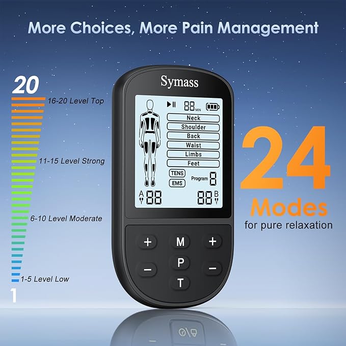 TENS Unit Muscle Stimulator, EMS Massager Machine, Dual Channel Electronic Pulse Physical Therapy Machine for Back Pain Relief, Shoulder Recovery, Muscle Relaxation, 24 Modes,10 TENS Unit Pads
