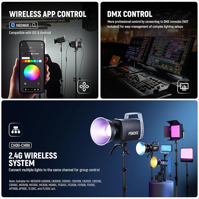 NEEWER Pro 600W RGB LED Video Light APP/2.4G/DMX Control, 2500-7500K 52500lx/1m - Image 7