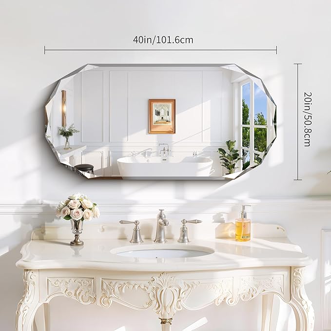 GLASHOM Beveled Edge Frameless Bathroom Mirror, Oval Wall Mirror for Over Sink, 20" x 40" Modern Decorative Vanity Mirror for Bedroom, Living Room,Entryway, Hanging Mirror Horizontal or Vertical