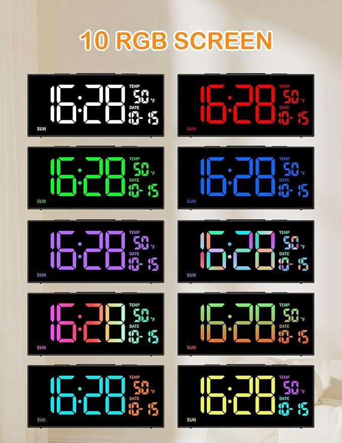 Netzu Alarm Clocks for Bedrooms, Digital Clock with Date Temperature and Weekday, Manual DST, Snooze, 2 Alarms, 4 Volumes Bedside Desk for Living Room Home Bedside Desk (RGB)