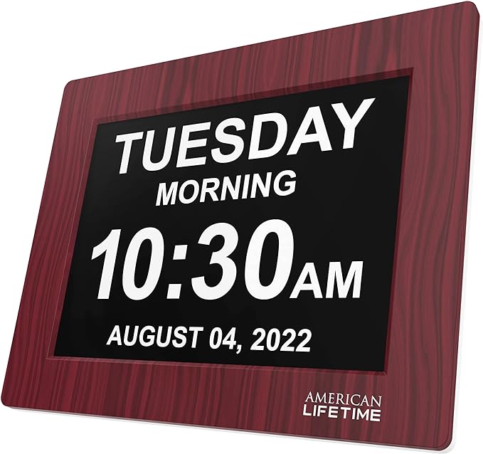 American Lifetime 【New 2023】 Dementia Clock Large Digital Clock for Seniors, Digital Clock Large Display with Custom Alarms, Clock with Day & Date for Elderly, Large Number Digital Clock Mahogany