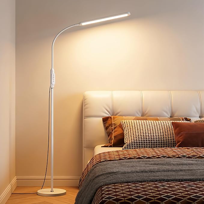 Bright LED Eye-Protecting Reading Floor Lamps with Touch and Remote Dimming 3000-6000k for Eyelash Manicure Craft Drawing Makeup Living Room Bedroom Office, Adjustable Gooseneck Modern Standing Light