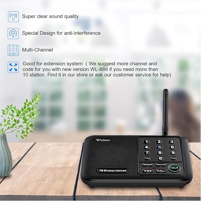 Wuloo Intercoms Wireless for Home 1 Mile (5280 Feet) Range 10 - Channel, Wireless Home Intercom System for House Business Office, Room to Room Intercom, Home Communication System (2 Packs, Black)