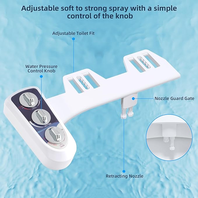 Hibbent Bidet Attachment for Toilet with Self Cleaning Dual Nozzle, Hot and Cold Water Spray Non-Electric Mechanical Toilet Seat Bidet for Rear or Female Washing Sanitizing, Blue
