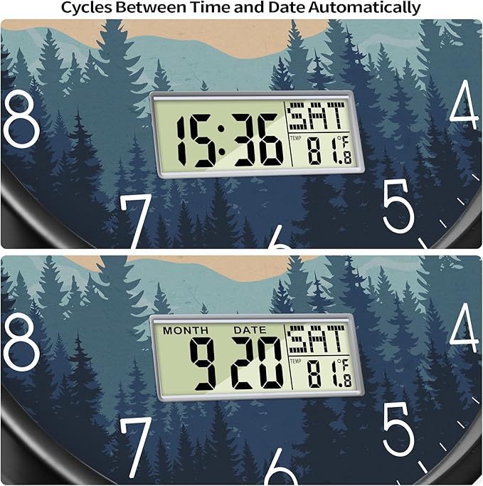 Silent Wall Clock with Day Week Temperature Wilderness with Sunset Non-ticking Battery Operated Large Digital Modern Clocks Display with Calendar and Date for Kitchen Farmhouse Bathroom Office 12 Inch