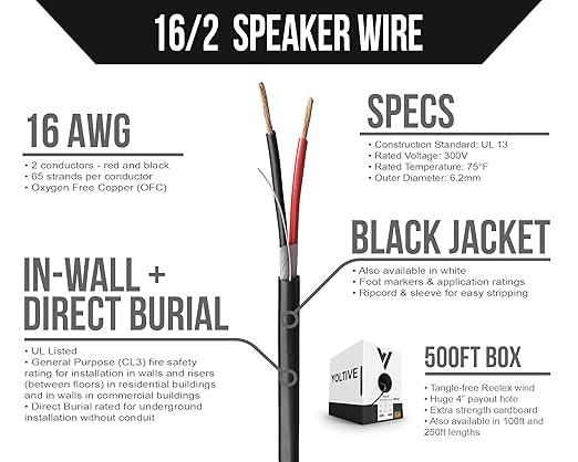 Voltive 16/2 Speaker Wire, in-Wall CL3 & Direct Burial, Black, 500ft - 16AWG, 2 Conductors, Stranded Oxygen-Free Copper, UL Listed - V-1210-5