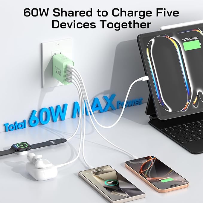 2Pack USB C Fast Charger Block, Total 60W 5-Port USB C Wall Charger 30W Type C Charging Block, 2USB C+3USB A PD 3.0 Multiport Charging Cube for iPhone 17 16 15 14 Pro Max, G-alaxy S25 S24 Ultra, i Pad
