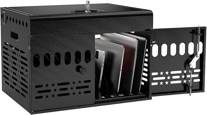 12-Device Tablet Charging Station Lock Box, Computer Cabinet with 2 Keys – Multi-Device Charging Cabinet for iPads, Chromebooks, Fire HD & Phones – Office, School, Hospital (Black),Fully Assembled