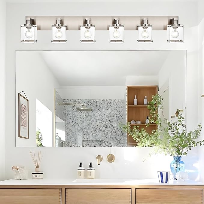 WINSHEN 6-Lights Brushed Nickel Bathroom Light Fixture Over Mirror, Modern Wall Sconce with Clear Glass Shades, E26 Bulb Base Vanity Lighting for Over Mirror Kitchen