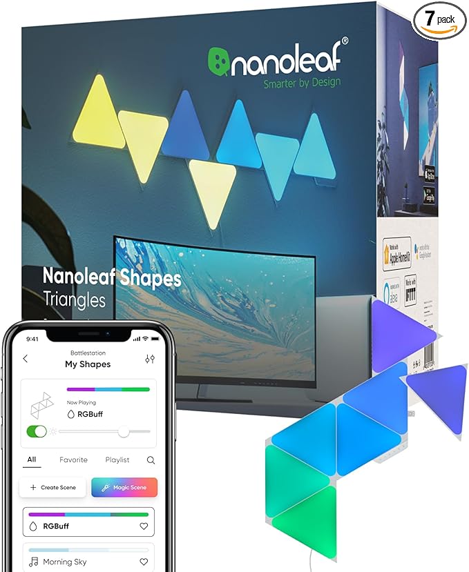 Nanoleaf Shapes LED Lights for Wall, WiFi Smart Home Wall Panel Light RGBW 16M+ Color LED Dimmable Gaming and Home Decor Wall Lights Smarter Kits (Triangles Smarter Kit 7 Pack)