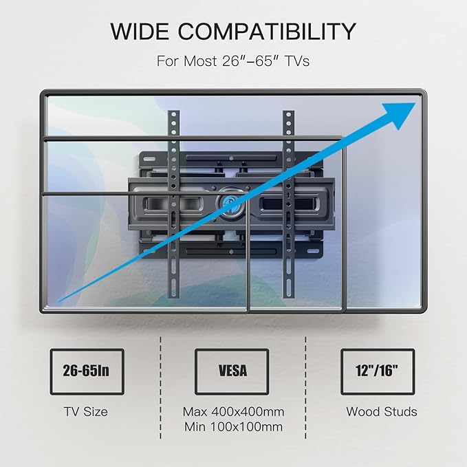 Pipishell TV Wall Mount, Full Motion Wall Mount with Dual Arms, Swivel, Extension for 26-65 inch Flat or Curved TVs up to 99 lbs, Max VESA 400x400mm, 3 Bracket Heights, Fits 12″/16″ Wood Studs, PIMF4