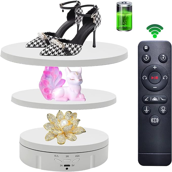 JAYEGT 3in 1 Motorized Rotating Display Stand with 5.74/7.08/8.66 inch Replacement Cover，Max 22lbs Load, 360 Electronic Turntable for Photography Products (3 in1 / White/with Remote Controller)