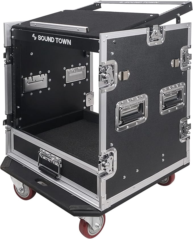 Sound Town 12U PA DJ Pro Audio Rack/Road ATA Case with 2U Drawer, 11U Slant Mixer Top, DJ Work Table, Casters, Pro Tour Grade (MR-DR12UT)